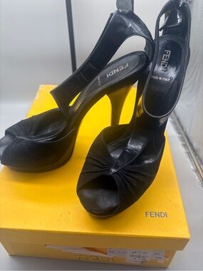 Fendi Black Platform Slingback Heels Suede Satin Size 38.5
